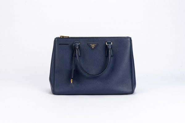 Prada Saffiano Lux Leather Medium Double Zip Tote Bag in Bluette